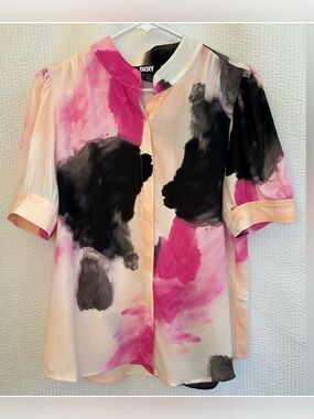 DKNY Abstract Print Mock Neck Short Sleeve Blouse Pink Black Button Front Medium